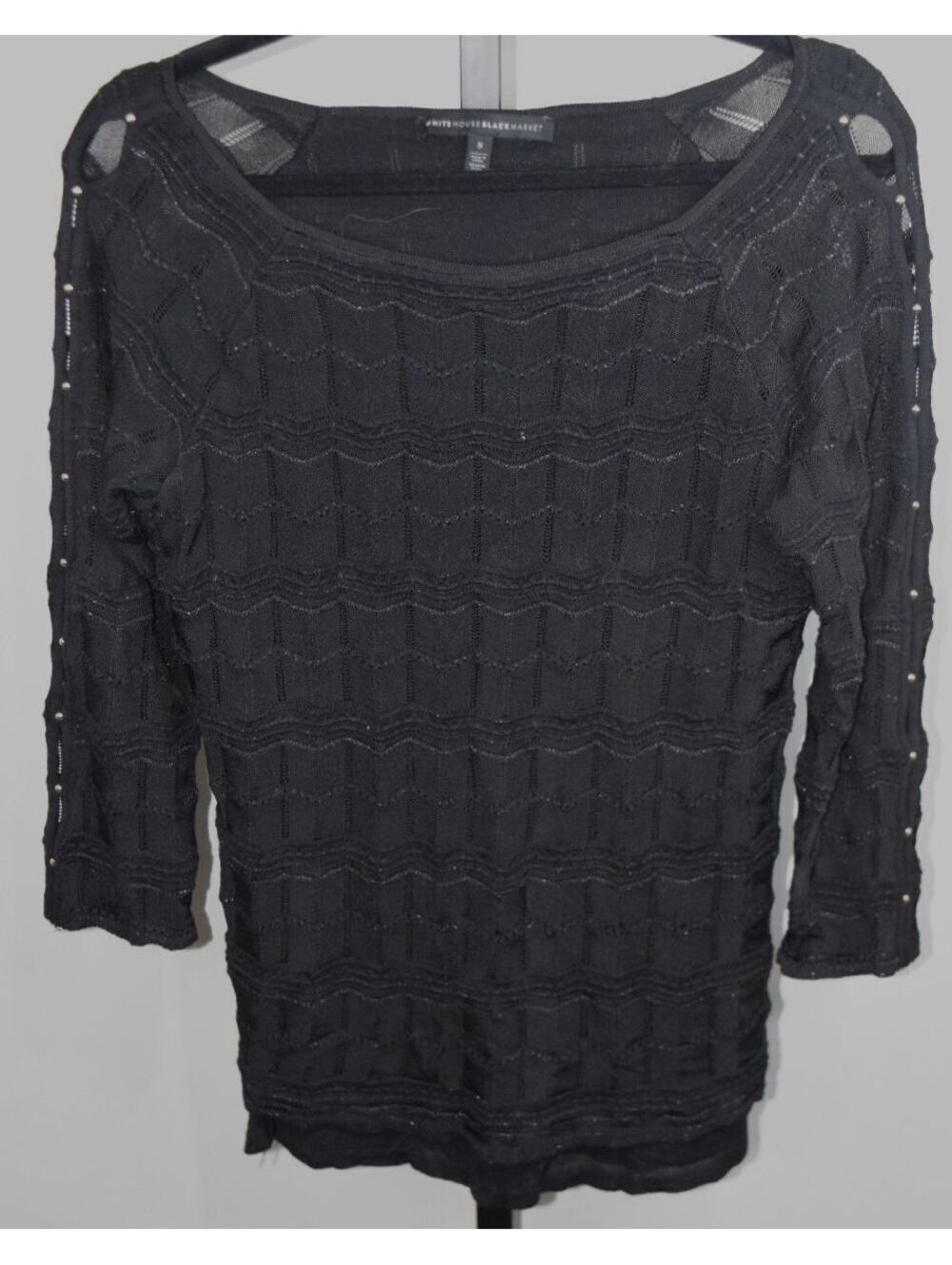 White House Black Market Women's Small Black Shimmer Knit Cutout Blouse Top